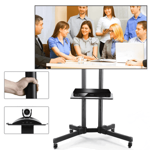 Video Conferencing Equipment Floor Stand for 32″ 65″ Screen With Camera Tray and Codec Shelf