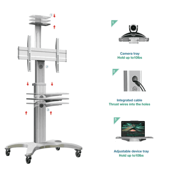 Video conferencing equipment floor stand for 45″ 70″ screen with camera tray and codec shelf label