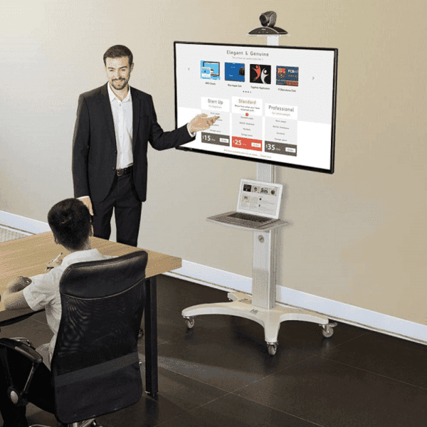 Video conferencing equipment floor stand for 45″ 70″ screen with camera tray and codec shelf peo