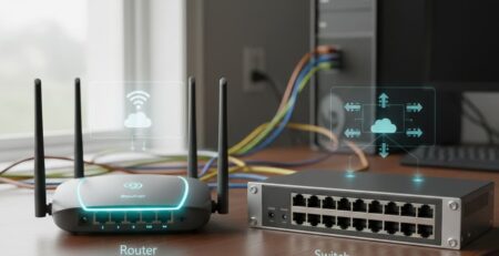 Router and switch on a table