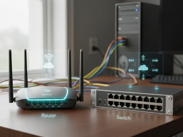 Router and switch on a table