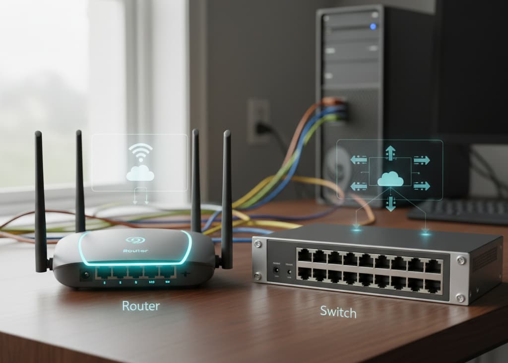 Router and switch on a table